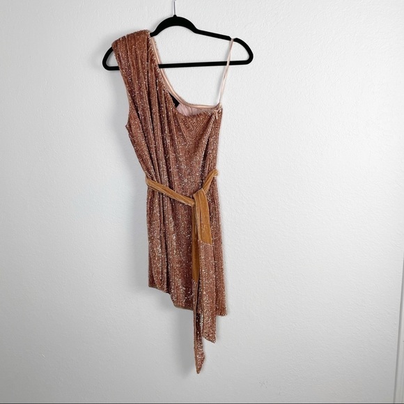 Retrofete Ella Sequin One Shoulder Mini Dress in Bronze Gold Metallic Cocktail - Picture 3 of 9
